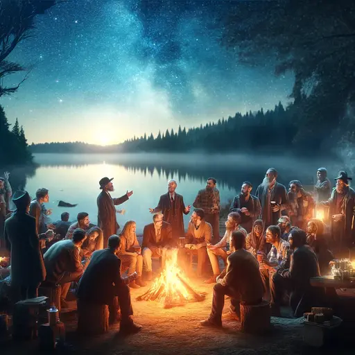 Evening summer party next to a campfire